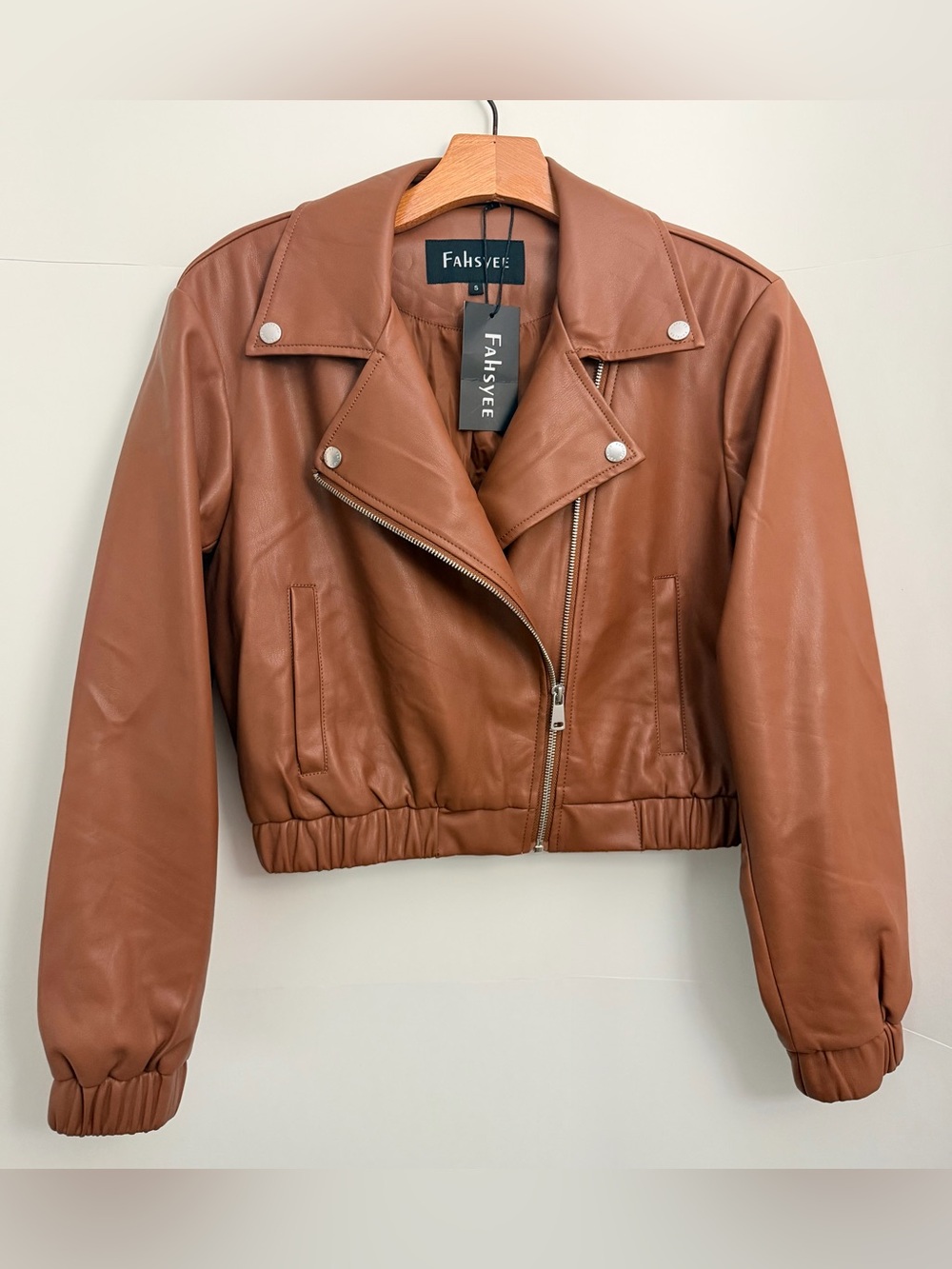 Saddle Brown Faux Leather Cropped Moto Bomber Jacket NWT S